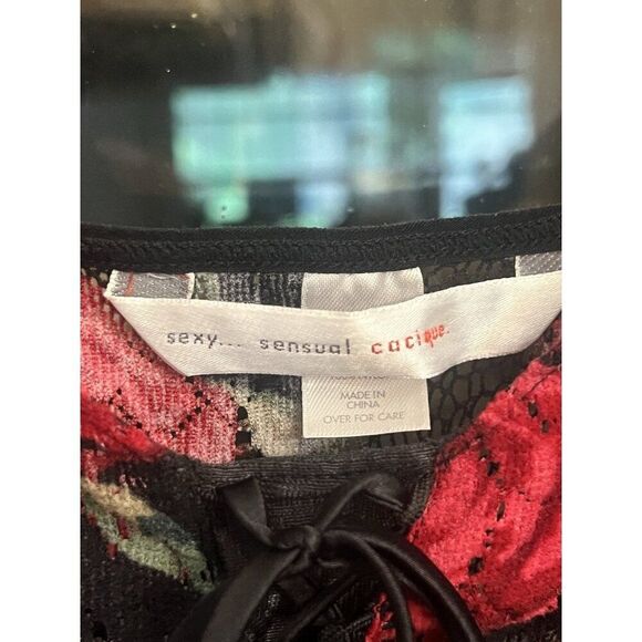 Cacique Black W/Red Roses Lace Mini Slip Dress Sheer 18 20 Whimsygoth Grunge   A - Picture 2 of 3